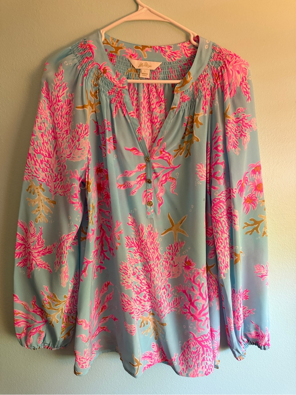 Lilly Pulitzer Light Blue Tunic with Pink & Gold Coral Print
